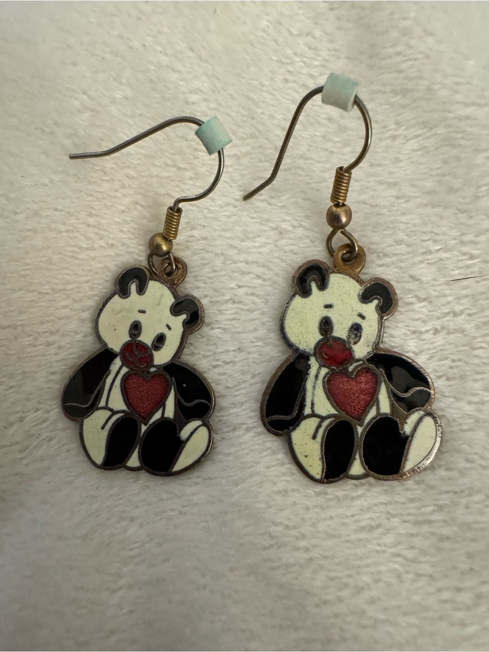 Whimsical Bear Heart Drop Earrings in Black, White & Red
